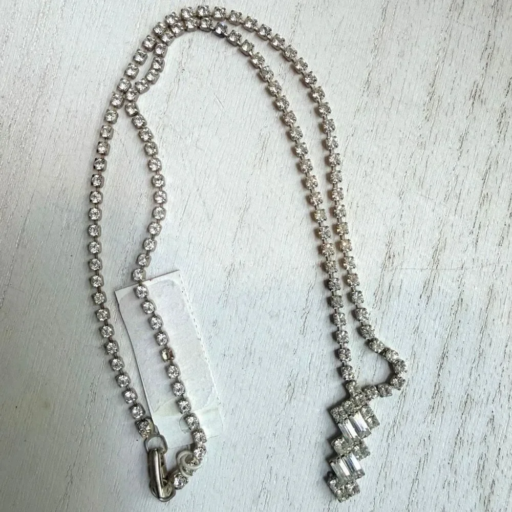 Vintage Rhinestone Tennis Necklace with Baguette Drop